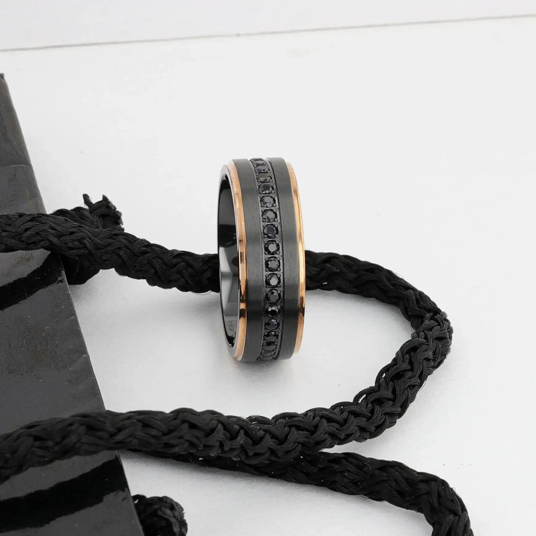 Mens Black Titanium Rose Gold Plated Inside Black Sapphire Settings all around Wedding Ring - Flat Brushed Comfort Fit - 8mm Wide - Style name: ASTRO