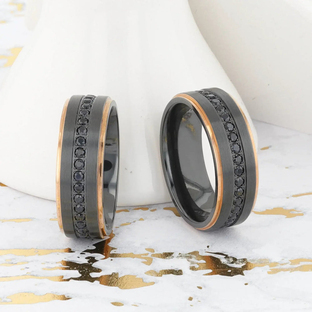 Mens Black Titanium Rose Gold Plated Inside Black Sapphire Settings all around Wedding Ring - Flat Brushed Comfort Fit - 8mm Wide - Style name: ASTRO