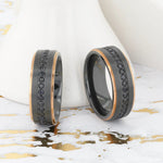 Load image into Gallery viewer, Mens Black Titanium Rose Gold Plated Inside Black Sapphire Settings all around Wedding Ring - Flat Brushed Comfort Fit - 8mm Wide - Style name: ASTRO
