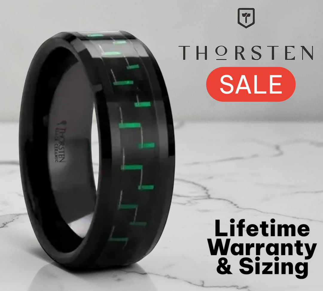 Mens Black Ceramic Black & Green Carbon Fiber Wedding Ring - Beveled Comfort Fit - 8mm Wide - Style name: ATILUS