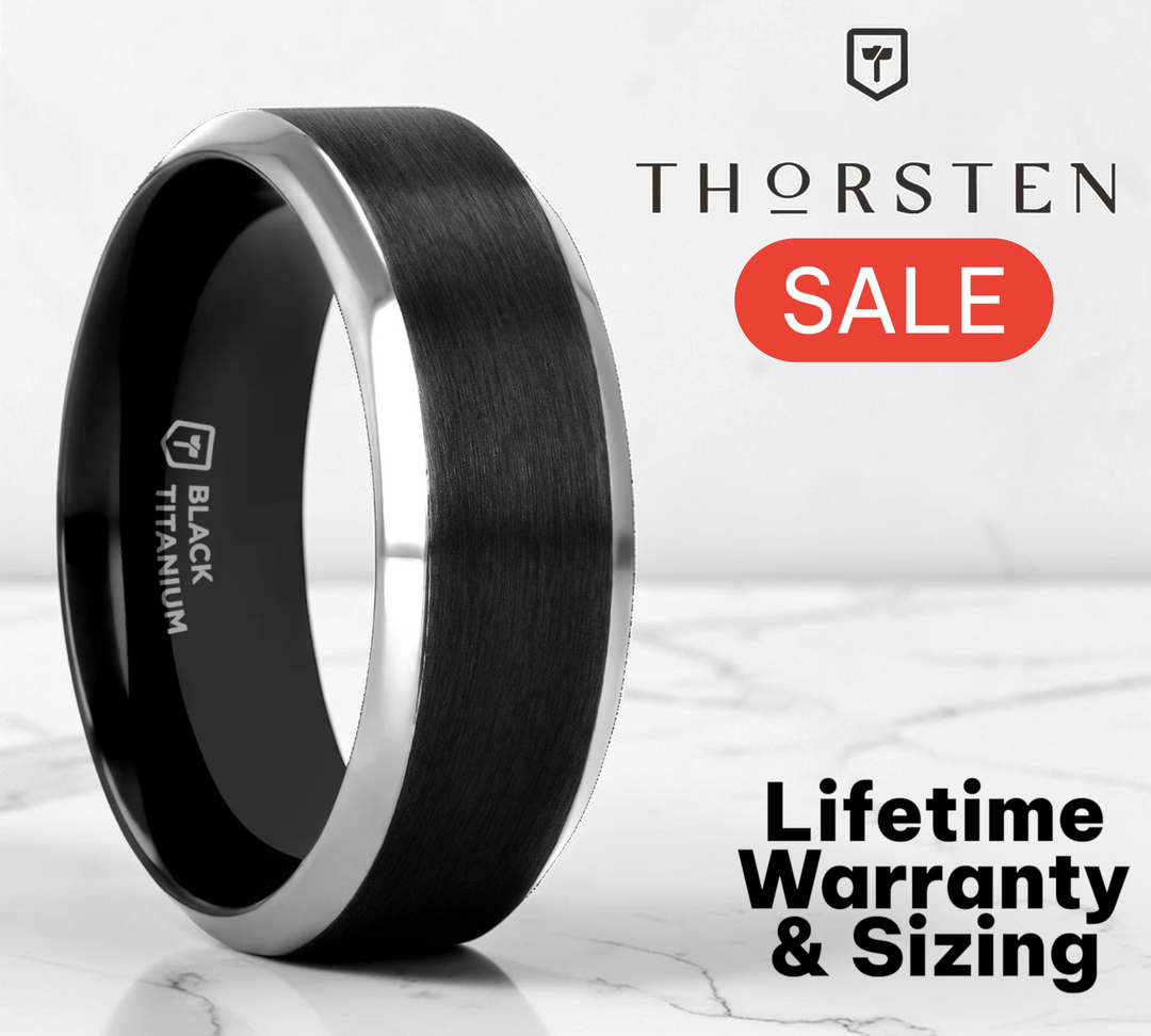 Mens Titanium Brushed Black Center Wedding Ring - Polished Beveled Edges Comfort Fit - 6mm 8mm Wide - Style name: ATNOS - Ring Size 4