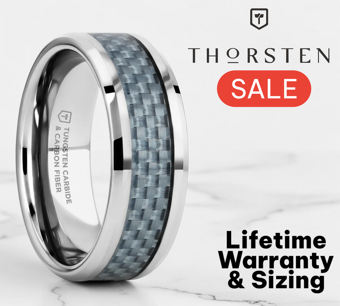 Mens Tungsten Carbide Blue Carbon Fiber Inlay Wedding Ring - Polished Beveled Comfort Fit - 4mm 6mm 8mm 10mm Wide - Style name: AUGUSTUS