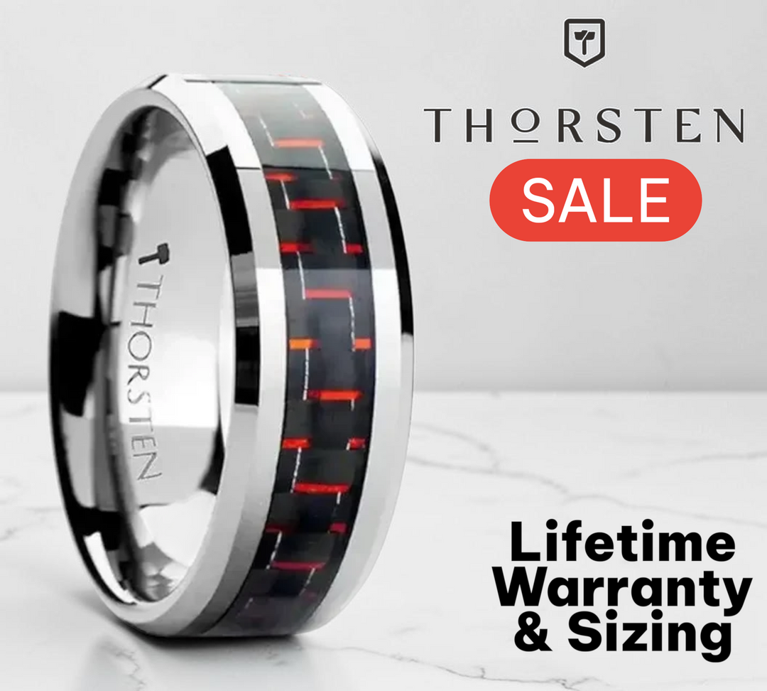 Mens Tungsten Carbide Black & Red Carbon Fiber Inlaid Wedding Ring - Beveled Comfort Fit - 6mm 8mm Wide - Style name: AURELIUS