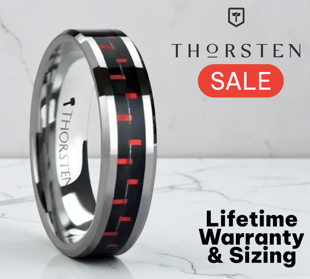 Mens Tungsten Carbide Black & Red Carbon Fiber Inlaid Wedding Ring - Beveled Comfort Fit - 6mm 8mm Wide - Style name: AURELIUS