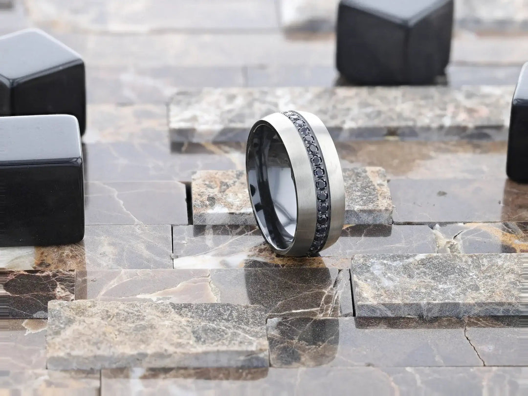 Mens Titanium Black Sapphire Stones Inlay Wedding Ring - Domed Brushed Comfort Fit - 8mm Wide - Style name: AVIATOR