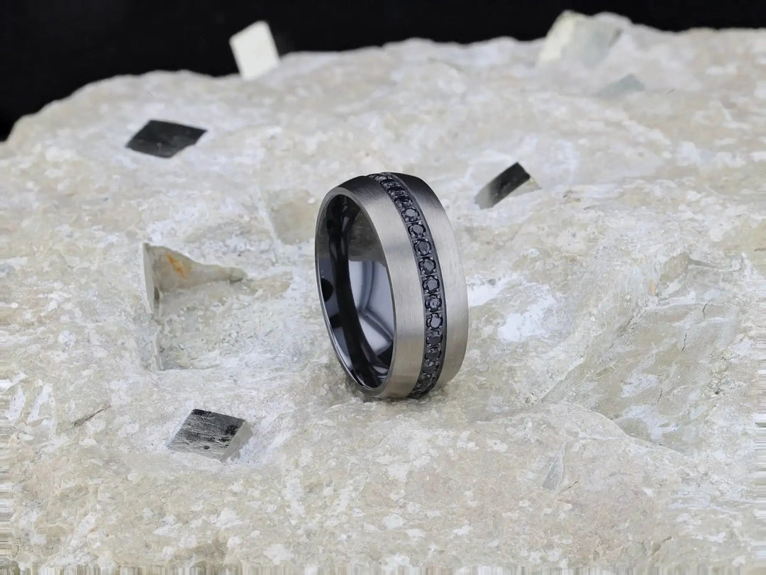 Mens Titanium Black Sapphire Stones Inlay Wedding Ring - Domed Brushed Comfort Fit - 8mm Wide - Style name: AVIATOR