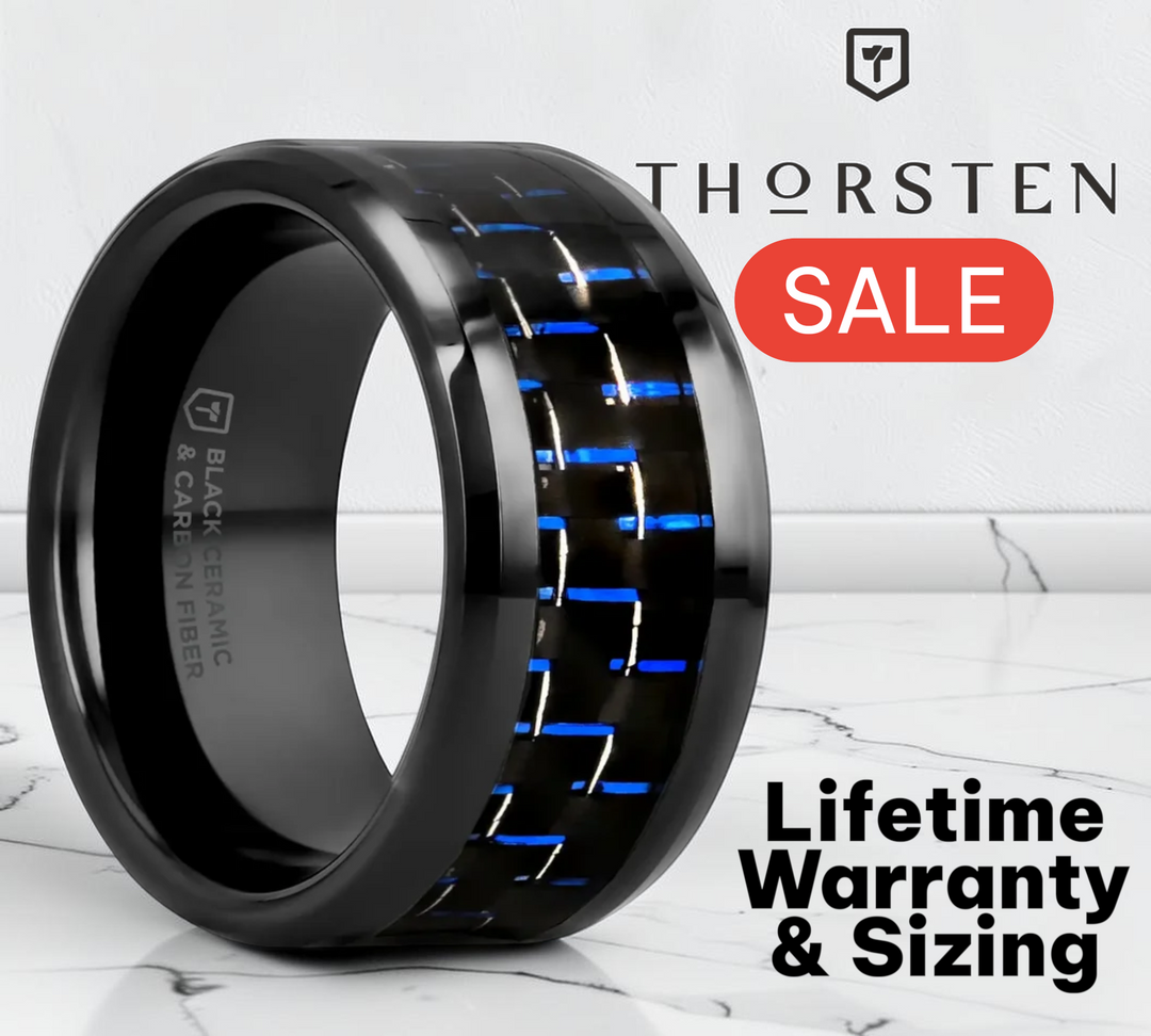 Mens Black Ceramic Blue & Black Carbon Fiber Inlay Wedding Ring - Beveled Comfort Fit - 4mm 6mm 8mm 10mm Wide - Style name: AVITUS