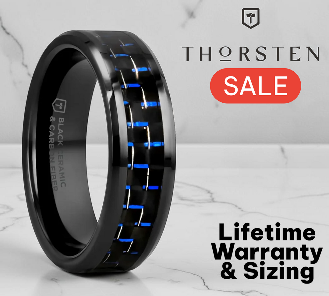 Mens Black Ceramic Blue & Black Carbon Fiber Inlay Wedding Ring - Beveled Comfort Fit - 4mm 6mm 8mm 10mm Wide - Style name: AVITUS