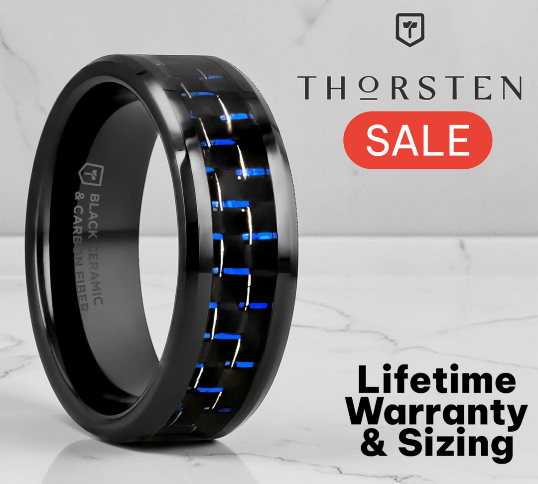 Mens Black Ceramic Blue & Black Carbon Fiber Inlay Wedding Ring - Beveled Comfort Fit - 4mm 6mm 8mm 10mm Wide - Style name: AVITUS