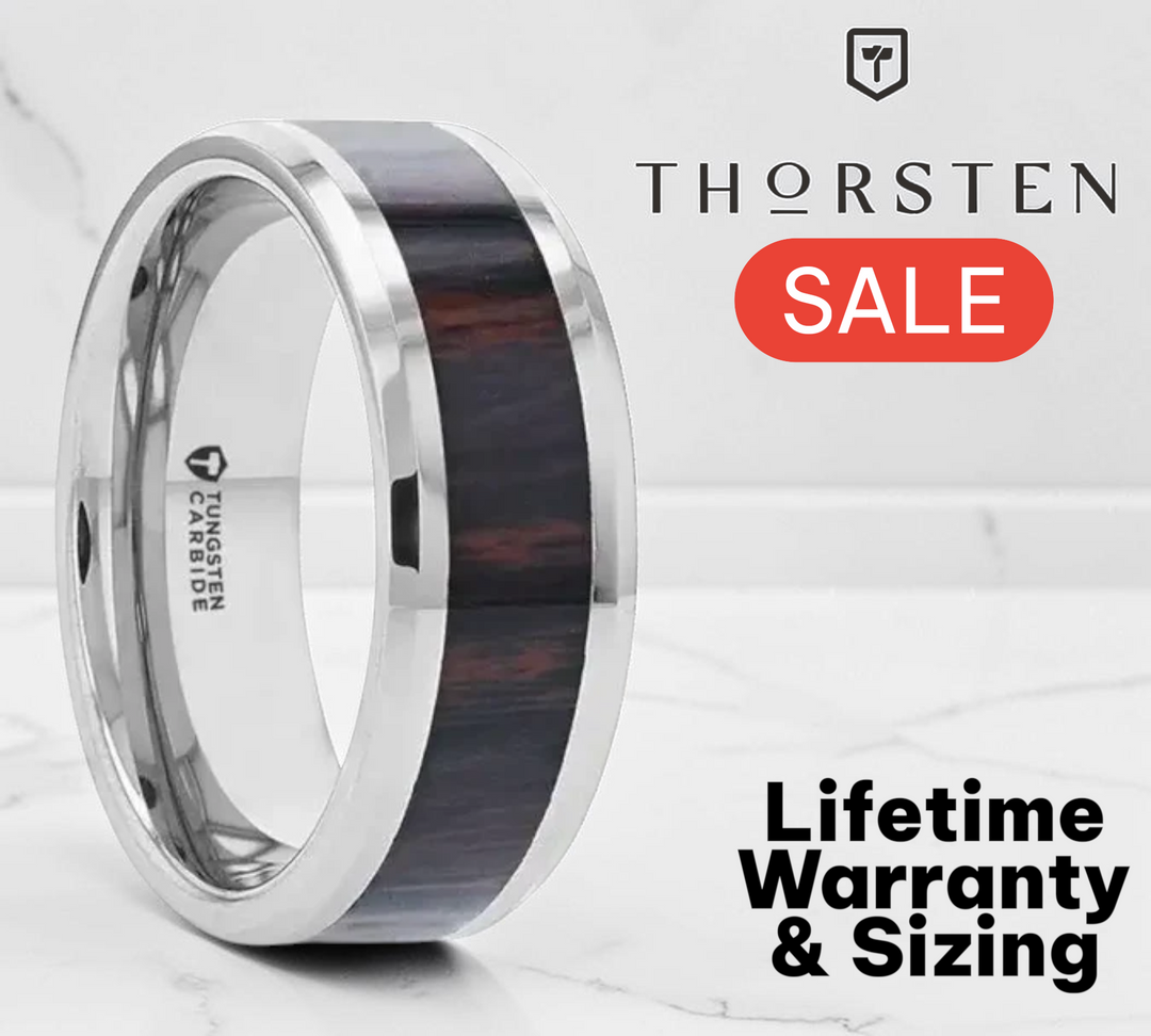 Mens Comfort Fit Tungsten Carbide Wedding Band Ring - Mahogany Obsidian Inlaid - Polished Beveled Edges - 8mm - Style name: AZTEC - Lifetime Warranty