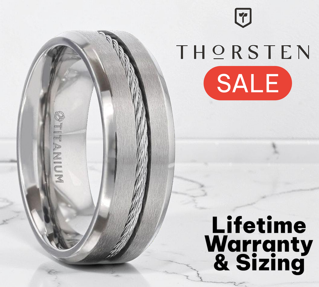 Mens Titanium Steel Cable Inlaid Brushed Center Wedding Ring - Polished Beveled Comfort Fit - 8mm Wide - Style name: ALBERT