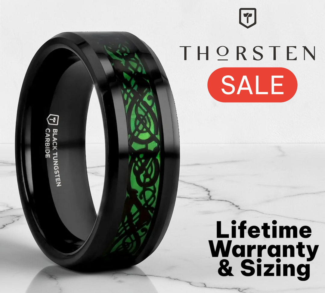 Mens Black Tungsten Green Background Inlaid Black Dragon Design Wedding Ring - Beveled Comfort Fit - 8mm Wide - Style name: ALLURE