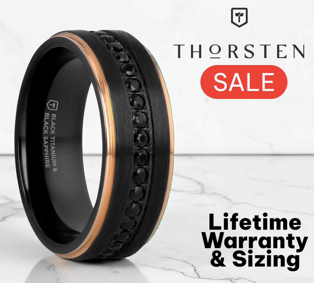 Mens Black Titanium Rose Gold Plated Inside Black Sapphire Settings all around Wedding Ring - Flat Brushed Comfort Fit - 8mm Wide - Style name: ASTRO