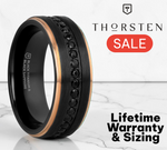 Load image into Gallery viewer, Mens Black Titanium Rose Gold Plated Inside Black Sapphire Settings all around Wedding Ring - Flat Brushed Comfort Fit - 8mm Wide - Style name: ASTRO
