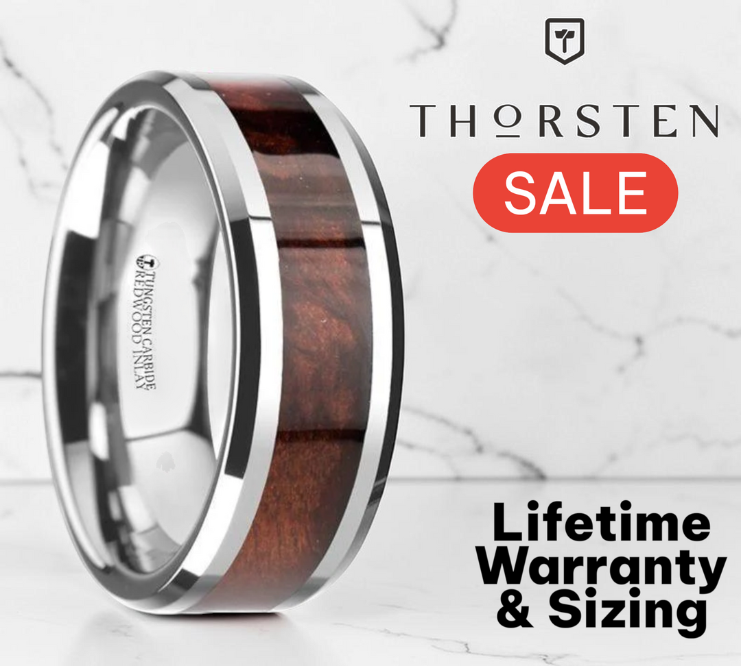 Mens Tungsten Carbide Red Wood Inlaid Wedding Ring - Beveled Comfort Fit - 8mm Wide - Style name: AUBURN