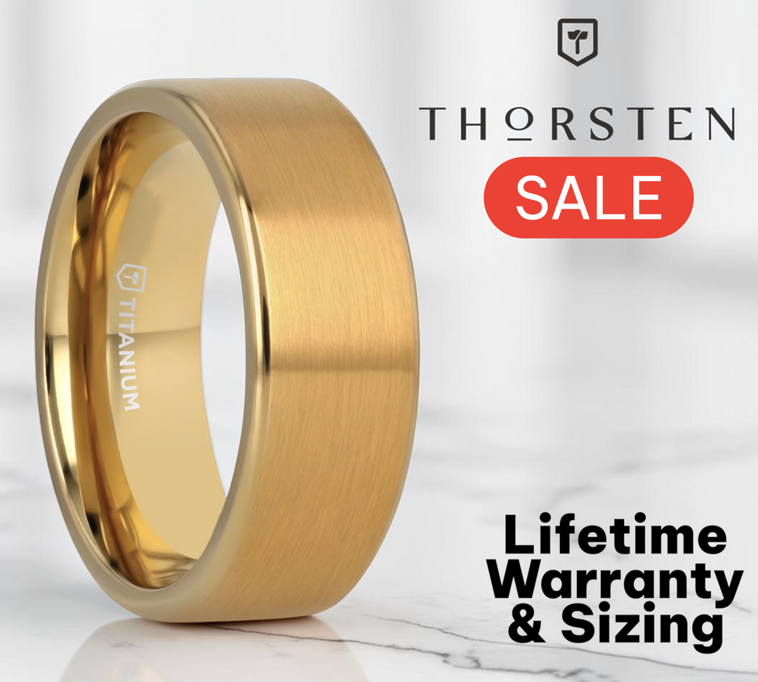 Mens Titanium Yellow Gold Plating Flat Brushed Finish Center Wedding Ring - Polished Edges Comfort Fit - 8mm Wide - Style name: AURELIANO