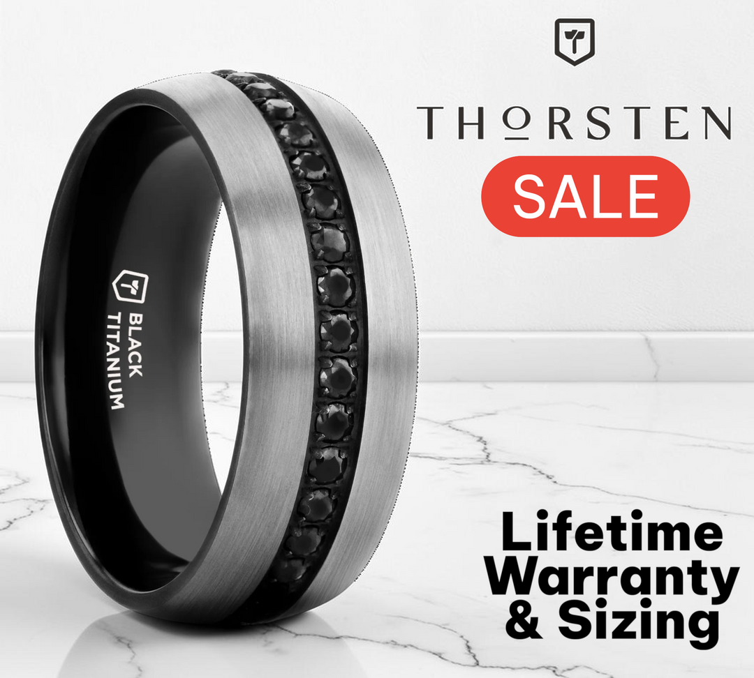Mens Titanium Black Sapphire Stones Inlay Wedding Ring - Domed Brushed Comfort Fit - 8mm Wide - Style name: AVIATOR