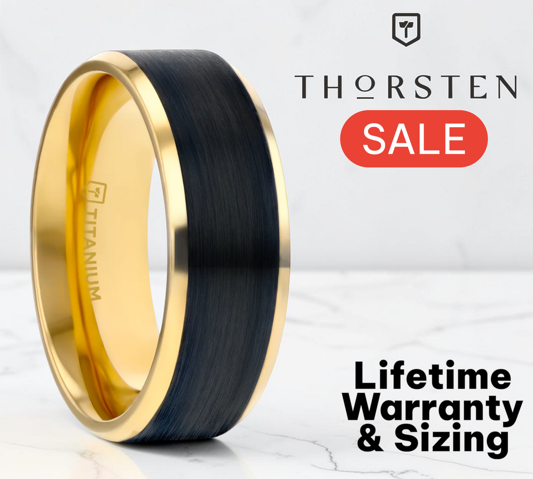 Mens Black Titanium Gold Plated Brushed Center Wedding Ring - Polished Beveled Comfort Fit - 8mm Wide - Style name: BEAUMONT