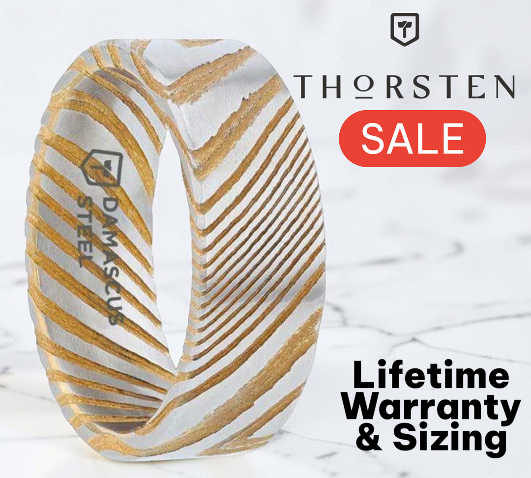 Mens Comfort Fit Gold Color Flat Brushed Damascus Steel Wedding Band - A Vivid Etched Design - 6mm 8mm Wide - Style name: BISHOP - Lifetime Warranty