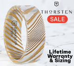 Load image into Gallery viewer, Mens Comfort Fit Gold Color Flat Brushed Damascus Steel Wedding Band - A Vivid Etched Design - 6mm 8mm Wide - Style name: BISHOP - Lifetime Warranty
