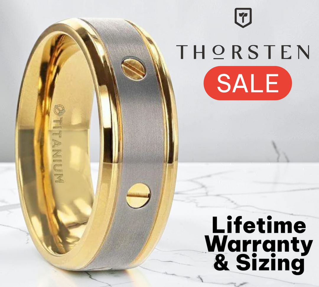 Mens Titanium Gold-Plated Rotating Screw Design Beveled Polished Edges Wedding Ring - Flat Brushed Comfort Fit - 8mm Wide - Style name: BOUNDLESS