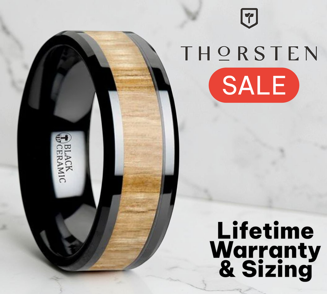 Mens Black Ceramic Ash Wood Inlay Wedding Ring - Polished Beveled Comfort Fit - 6mm 8mm 10mm Wide - Style name: BILTMORE