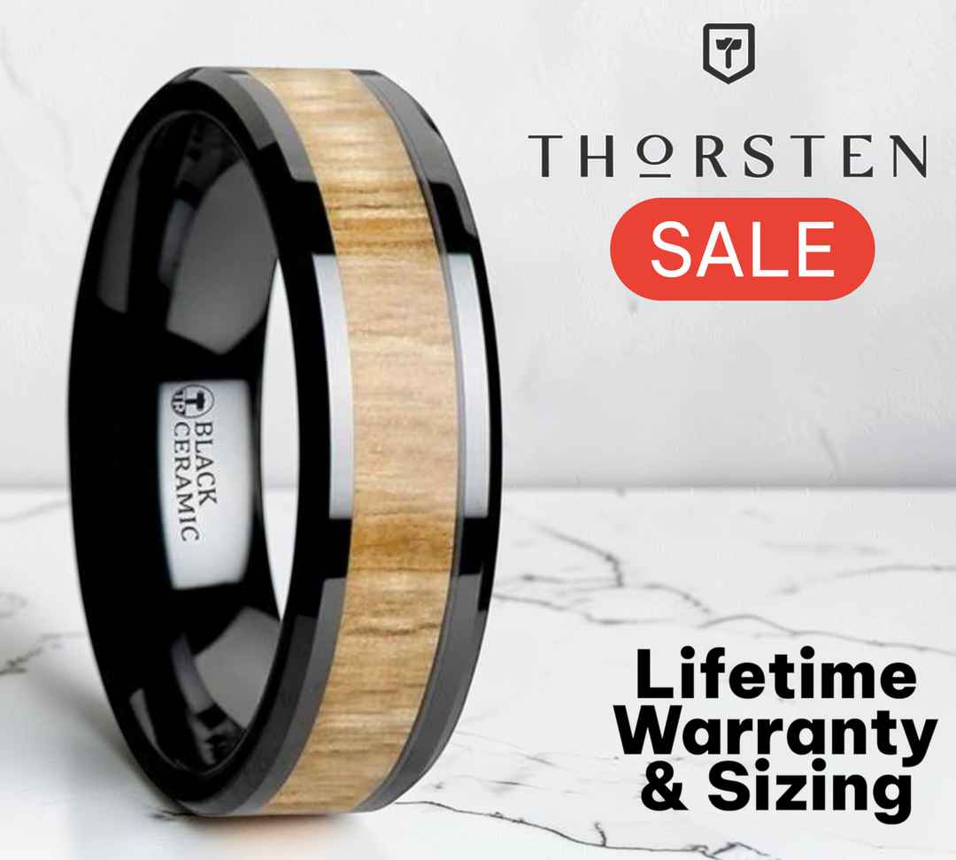 Mens Black Ceramic Ash Wood Inlay Wedding Ring - Polished Beveled Comfort Fit - 6mm 8mm 10mm Wide - Style name: BILTMORE