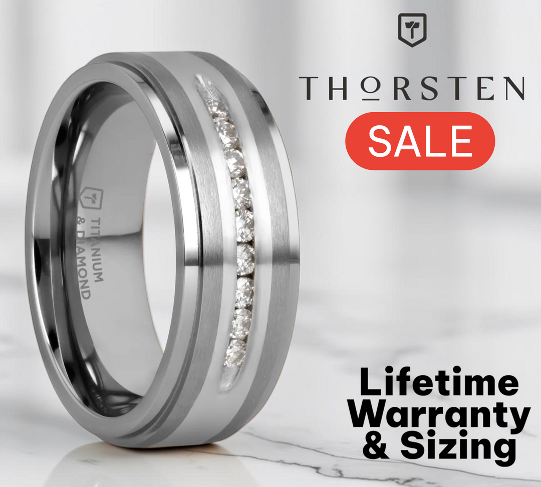 Mens Titanium 9 Channel Set White Diamonds Silver Inlaid Wedding Ring - Flat Brushed Comfort Fit - 8mm Wide - Style name: BOND