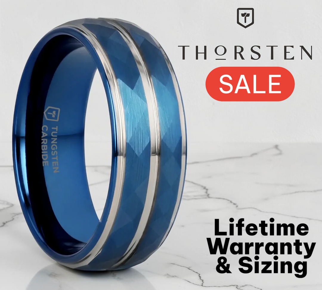 Mens Tungsten Carbide Blue Ion Plated Stepped Edges Wedding Ring - Faceted Center Comfort Fit - 8mm Wide - Style name: CARMEL