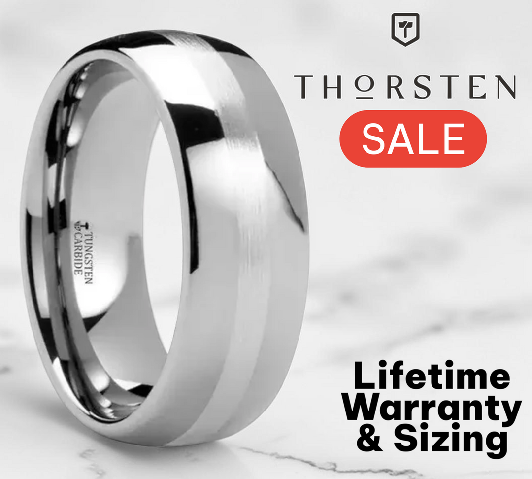 Mens Tungsten Carbide Domed Wedding Ring - Silver Inlaid Comfort Fit - 6mm 8mm Wide - Style name: CASSIUS