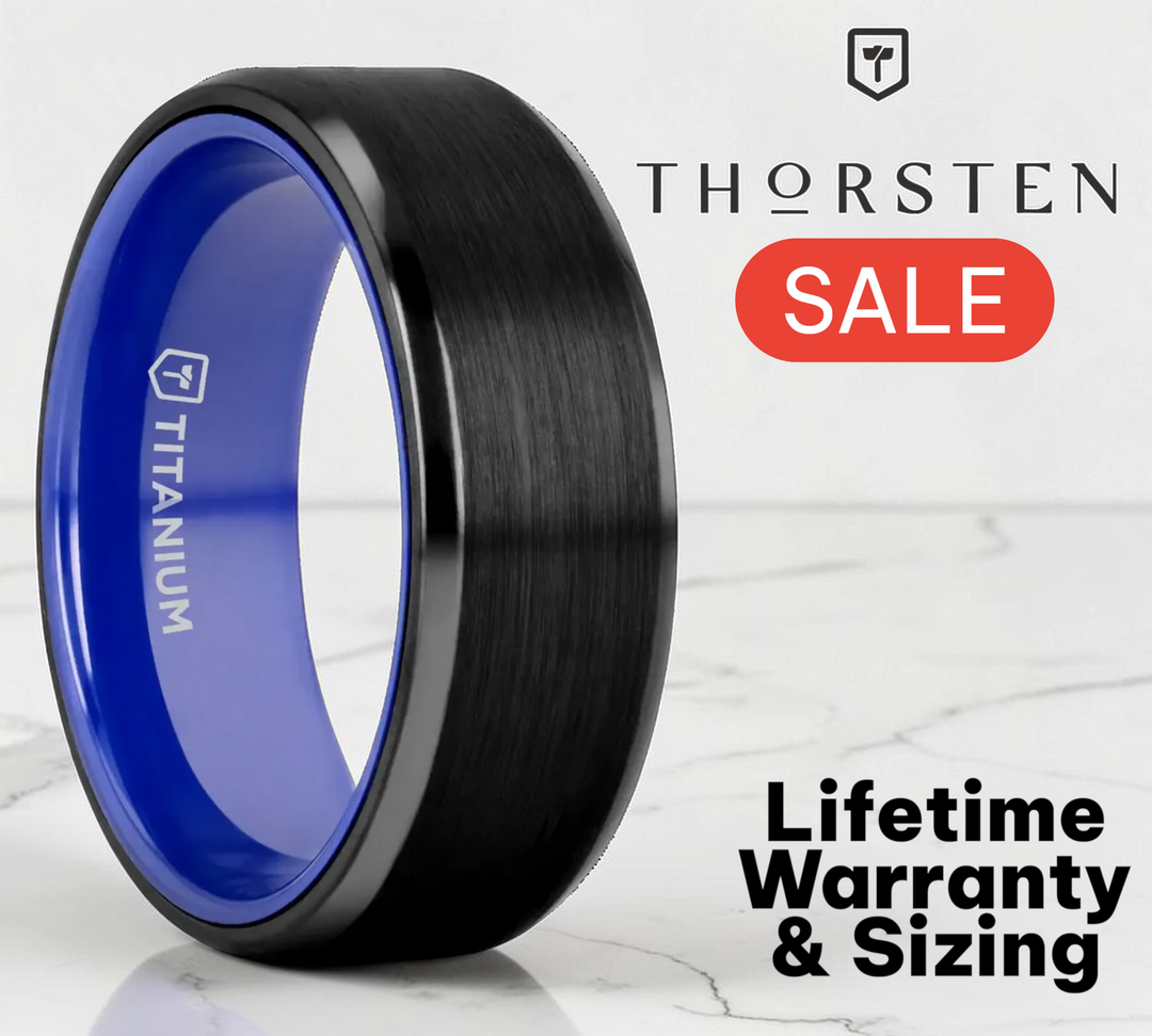 Mens Black Titanium Vibrant Blue Inside Wedding Ring - Brushed Center Comfort Fit - 8mm Wide - Style name: CASTOR