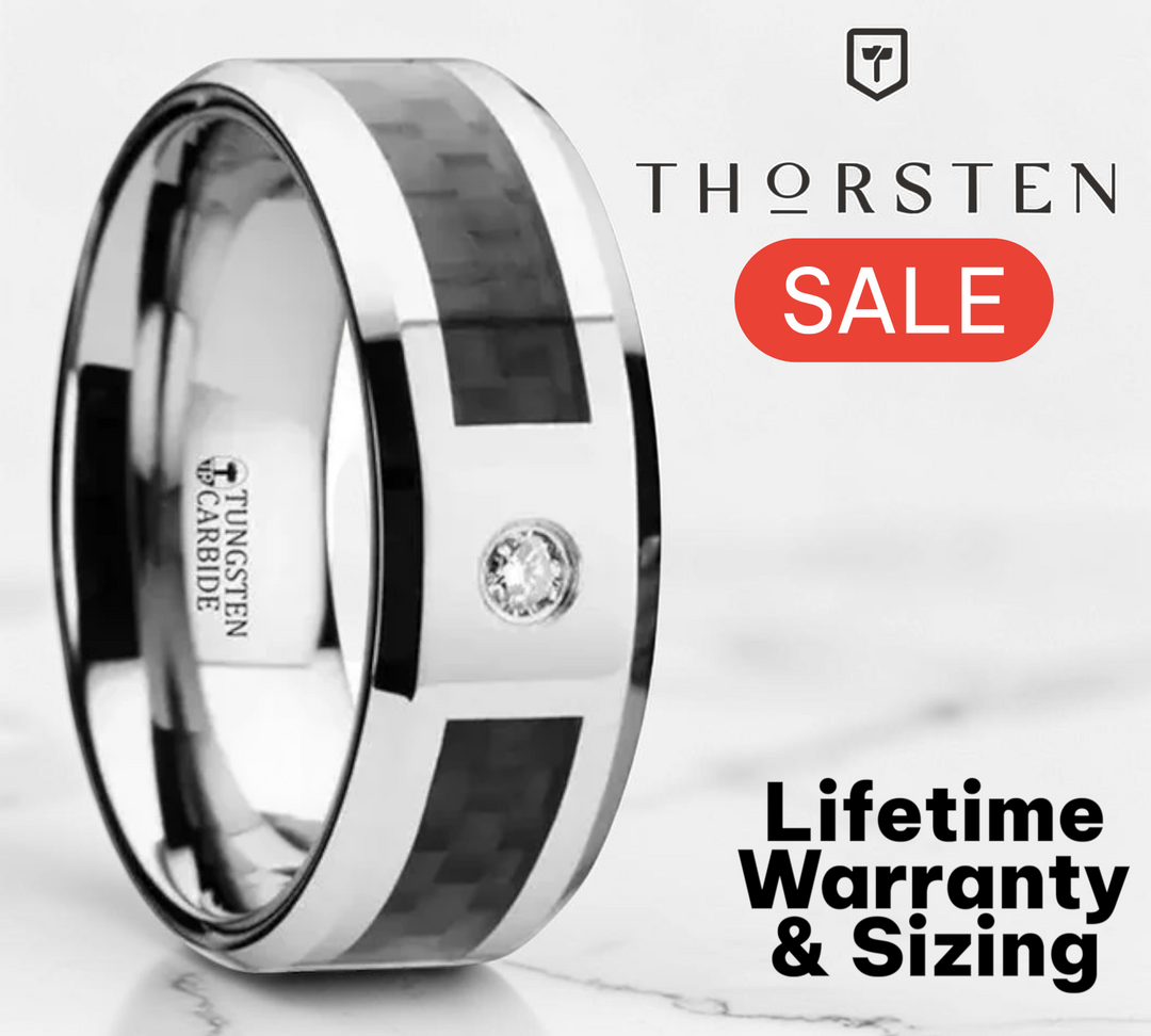 Mens Tungsten Black Carbon Fiber And White Diamond Setting Wedding Ring - Beveled Comfort Fit - 8mm Wide - Style name: CAYMAN