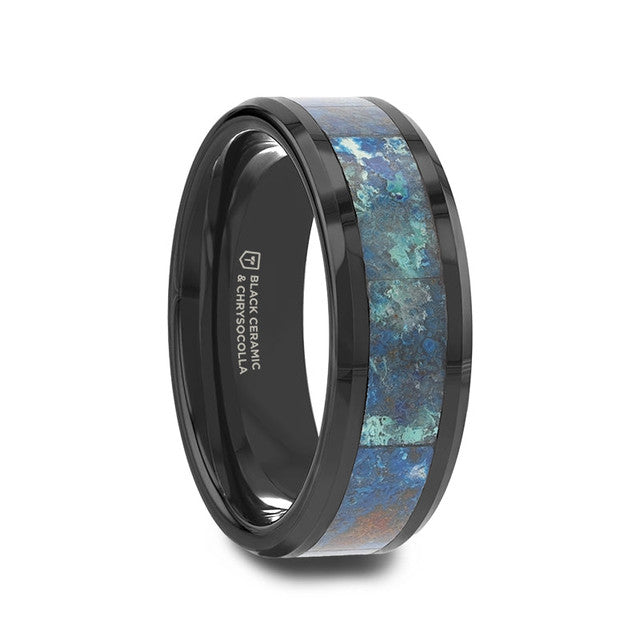 Mens Black Beveled Ceramic Polished Chrysocolla Inlay Wedding Ring - 8mm Wide - Style name: CELADON