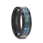 Load image into Gallery viewer, Mens Black Beveled Ceramic Polished Chrysocolla Inlay Wedding Ring - 8mm Wide - Style name: CELADON
