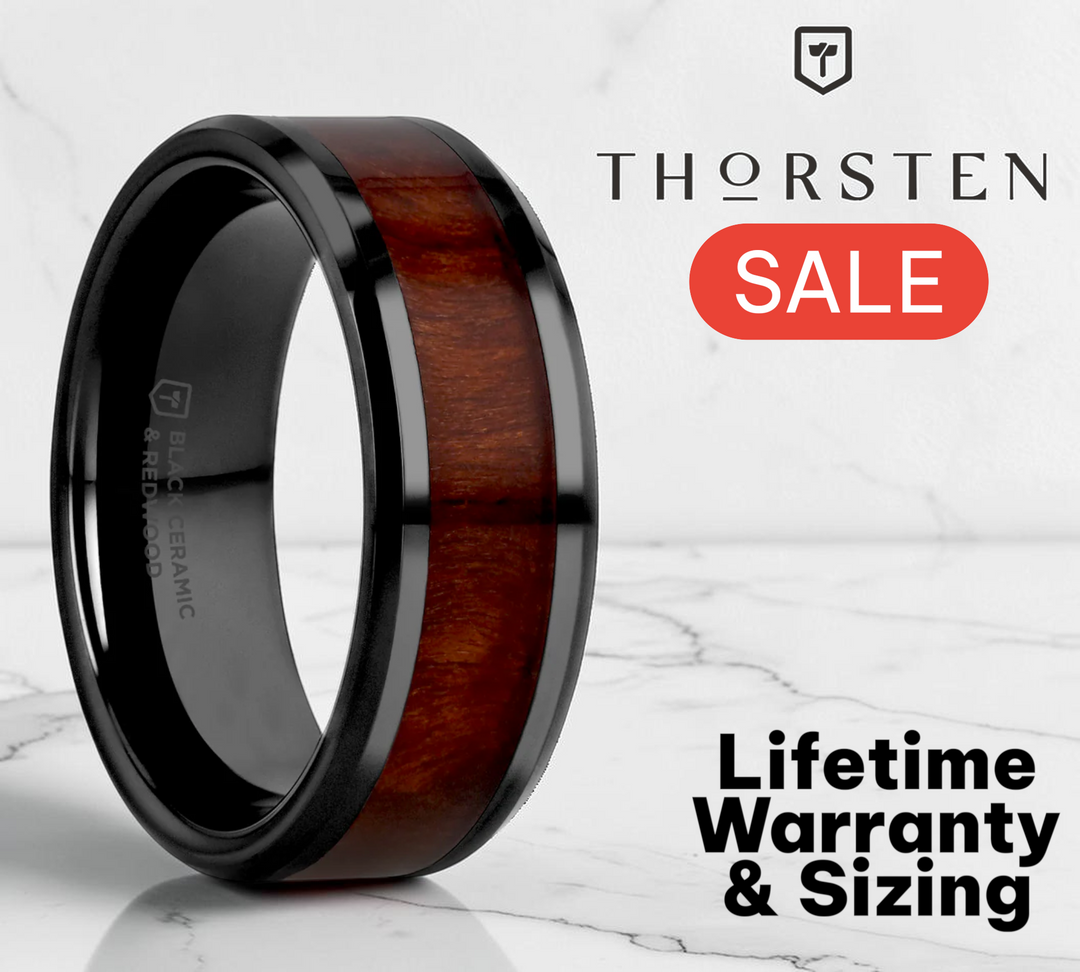 Mens Black Ceramic Redwood Inlaid Wedding Ring - Beveled Edges Comfort Fit - 8mm Wide - Style name: CERISE