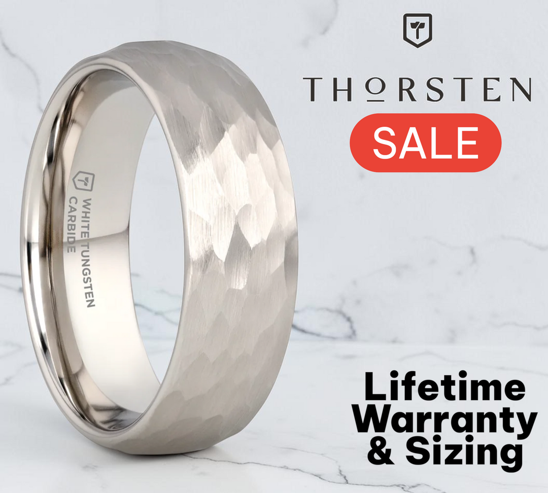 Mens White Tungsten Hammered Finish Wedding Ring - Domed Comfort Fit - 6mm 8mm Wide - Style name: CHANDLER