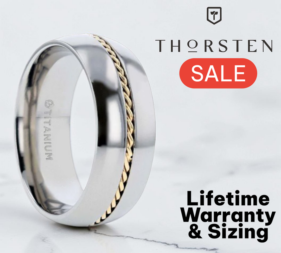 Mens Titanium 14k Yellow Gold Braided Inlay Wedding Ring - Polished Domed Comfort Fit - 8mm Wide - Style name: CHRISTIAN