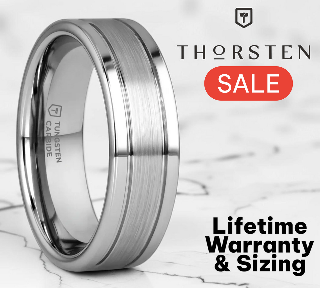 Mens Tungsten Flat Offset Grooves Satin Center Wedding Ring - Polished Edges Comfort Fit - 6mm 8mm Wide - Style name: CHRONOS
