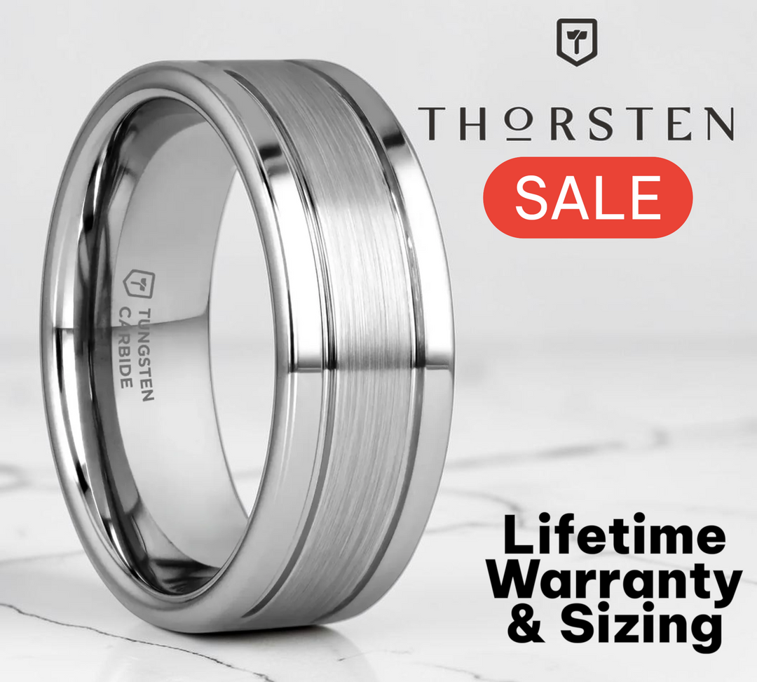 Mens Tungsten Flat Offset Grooves Satin Center Wedding Ring - Polished Edges Comfort Fit - 6mm 8mm Wide - Style name: CHRONOS