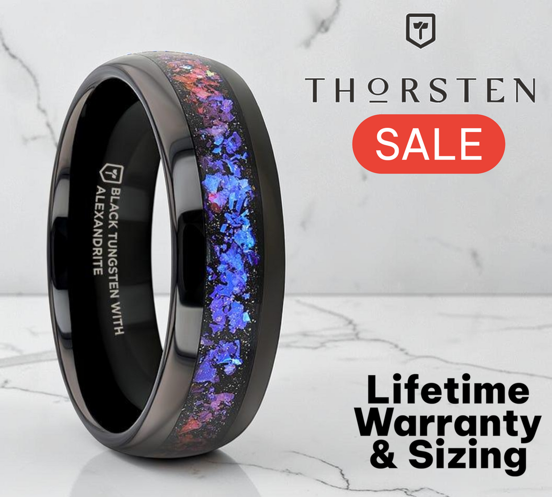Mens Black Tungsten Crushed Alexandrite and Dark Blue & Purple Crushed Goldstone Wedding Ring - Domed Polished Fit - 4mm 8mm Wide - Style name: COSMIC