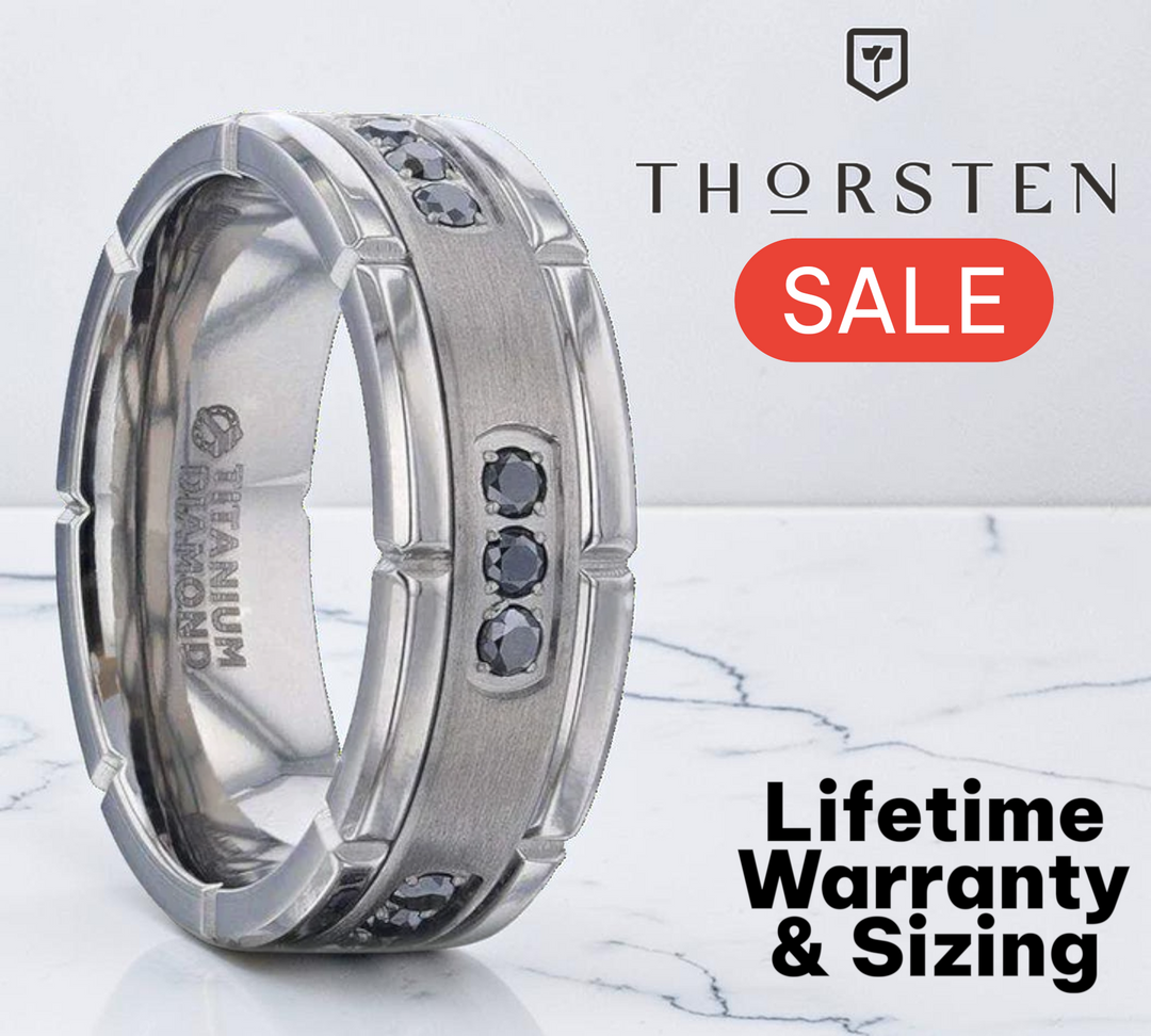 Mens Titanium Double Grooved Polished Edges Black Diamond Settings Wedding Ring - Brushed Comfort Fit - 8mm Wide - Style name: COURAGEOUS