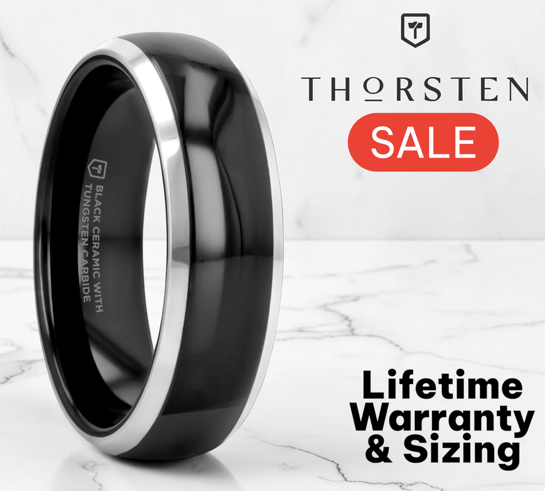 Mens Black Ceramic Inlayed Tungsten Wedding Ring - Domed Comfort Fit - 6mm 7mm 8mm 10mm Wide - Style name: CARRERA