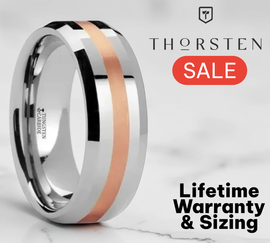 Mens Tungsten Carbide Rose Gold Inlaid Wedding Ring - Beveled Comfort Fit - 6mm 8mm Wide - Style name: CHIRON