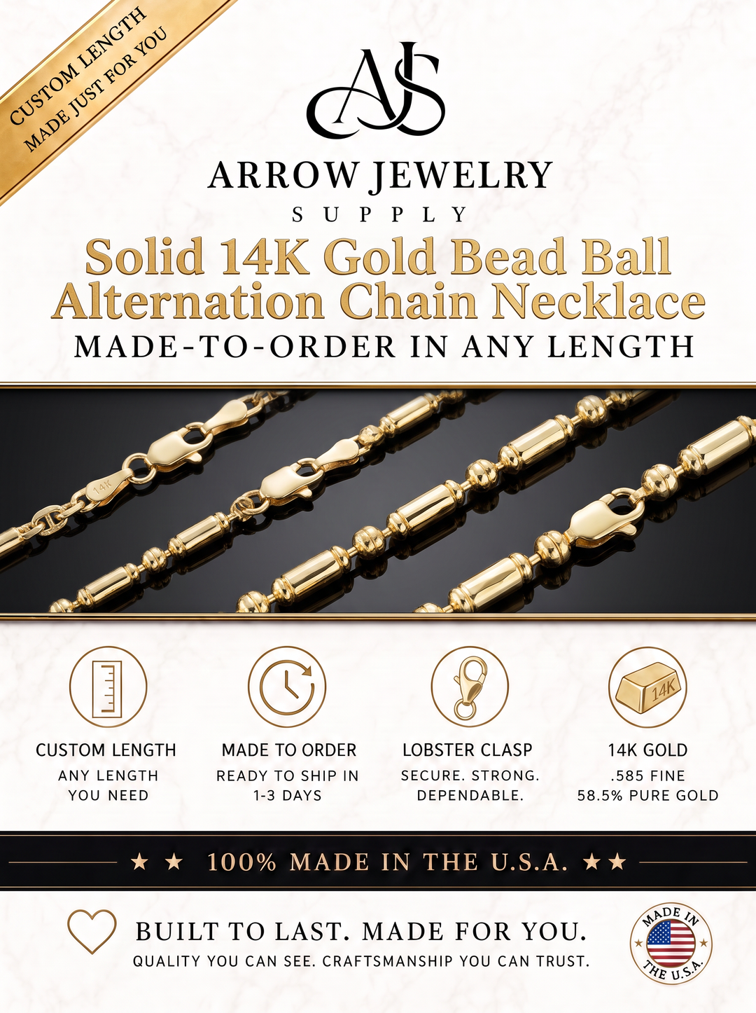 Solid 14K Yellow Gold Alternating Ball Bead Custom Length Necklace