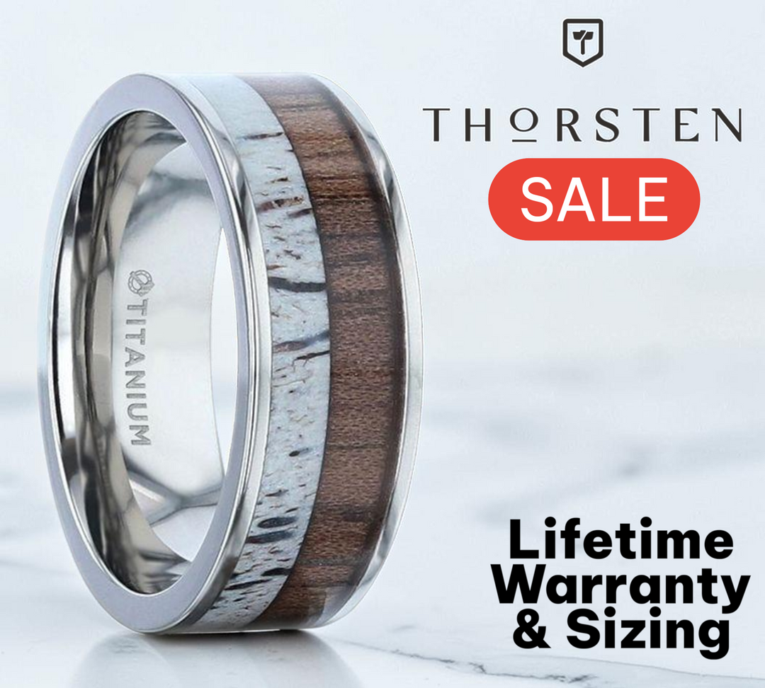 Mens Titanium Deer Antler Black Walnut Wood Inlay Wedding Ring - Flat Polished Comfort Fit - 8mm Wide - Style name: DARBY