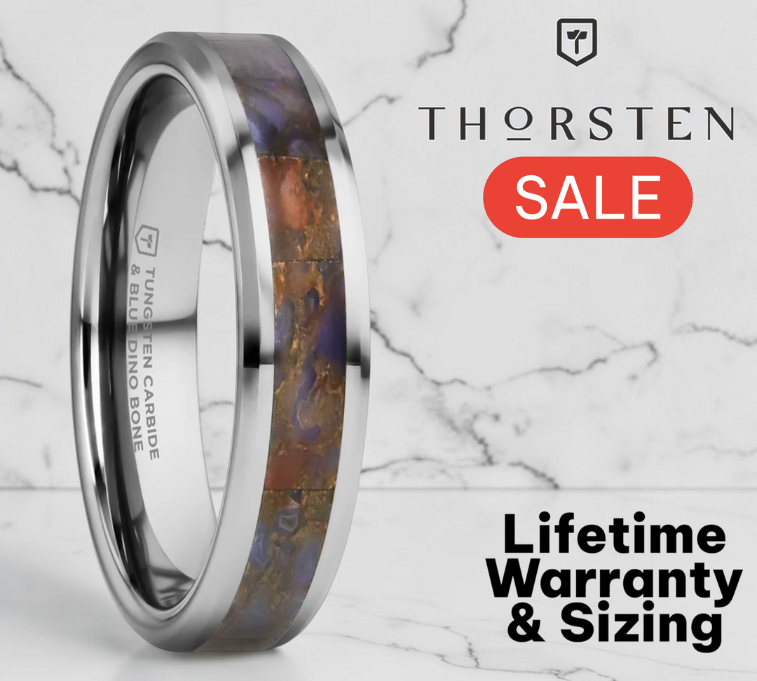 Mens Tungsten Blue Dinosaur Bone Inlaid Wedding Ring - Beveled Edged Comfort Fit - 4mm 8mm Wide - Style name: DEVONIAN