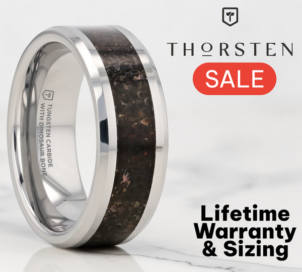 Mens Comfort Fit - Tungsten Ring Black Dinosaur Inlay - Polished Bevel Edges - 8mm Wide - Style name: DRACARYS