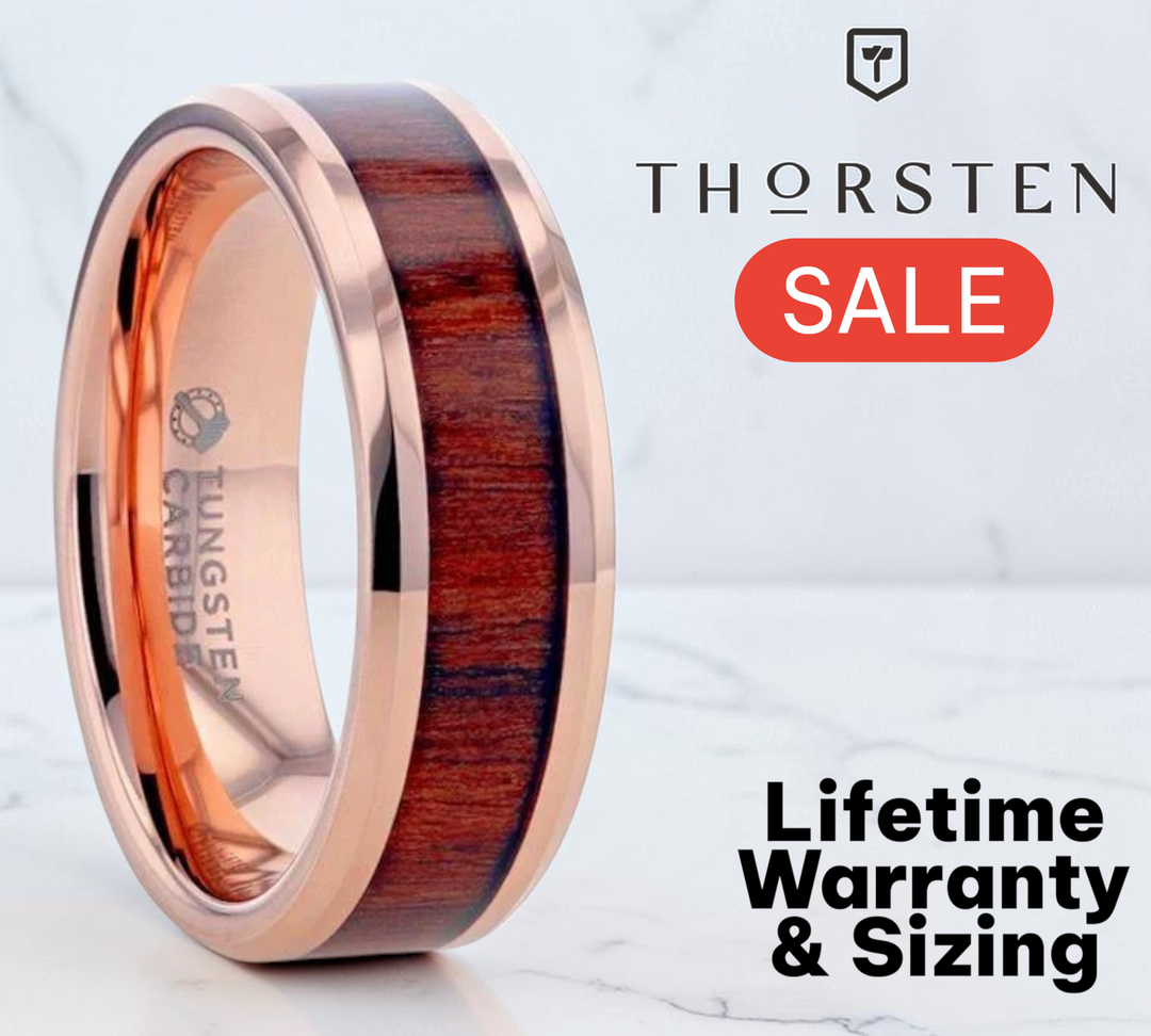 Mens Tungsten Rose Gold Plated Koa Wood Inlaid Wedding Ring - Polished Beveled Comfort Fit - 8mm Wide - Style name: DYLAN