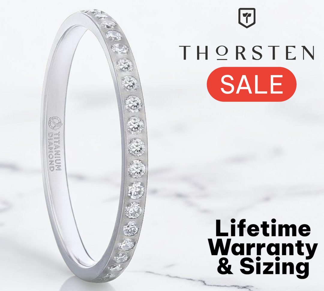 Womens Titanium Lab-Created White Diamonds Setting Eternity Wedding Ring - Flat Polished Comfort Fit - 2mm Wide - Style name: EMILIA