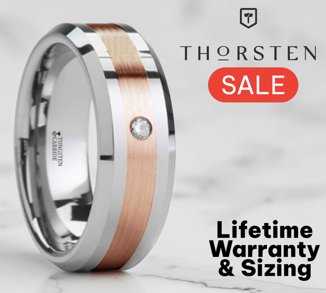 Mens Tungsten Carbide Rose Gold Inlaid Diamond Wedding Ring - Beveled Comfort Fit - 8mm Wide - Style name: ENZO